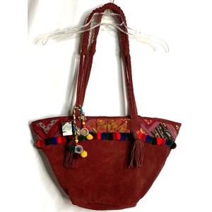 Sapien Arts Red Leather Embroidered Tassels Braided Purse Shoulder Bag Tote Boho